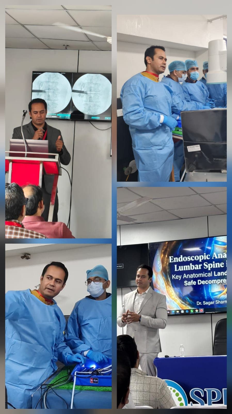 Dr. Sagar Sharma lecturing on endoscopic lumbar spine anatomy and demonstrating technique